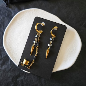 Spike Dangle Earrings with Chain Cuff, Gold or Silver Stainless Steel Hoops, Grunge Jewelry