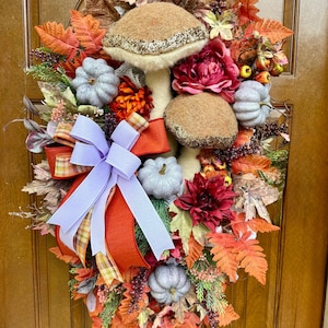 Whimsical Fall Swag with Plush Mushrooms, Pumpkins, Peonies & Bows – Autumn Door Swag, Fall Front Door Decor, Woodland Thanksgiving Swag