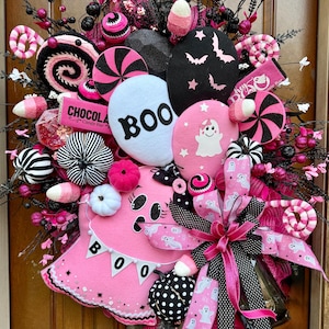 Pink Halloween Ghost Wreath | Candy Theme Boo Wreath | Cute & Whimsical Halloween Door Hanger | Pastel  Halloween Decor | Ghost and Balloons