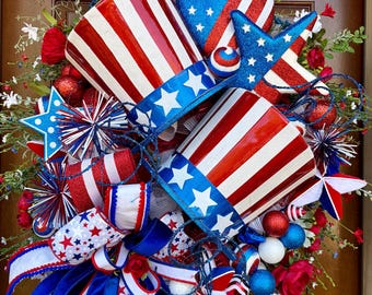 Patriotisk fjärde juli-krans, rödvit och blå ytterdörrdekor, Americana-stjärnekrans, Memorial Day-dekor, sommarpatriotiskt byte, USA