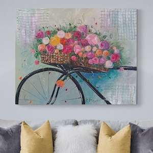 Belle transformation - Peinture originale faite par moi, peinture à l&#39;huile abstraite, fleurs avec vélo, roses avec vélo