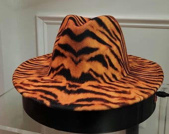 Tiger Print Fedora Hat Wide Stiff Brim Hat For Men and Women