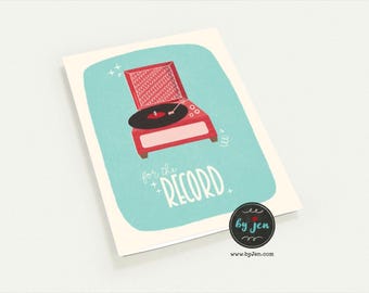 Retro Record Player Note Card | Hand Illustrated Greeting Card, Music Lover Gift