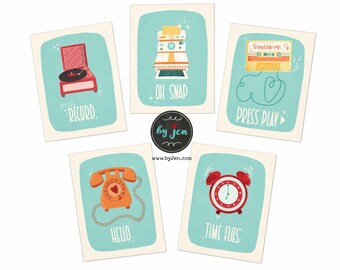 Retro Tech Hand Illustrated Note Cards | Cassette, Camera, Phone, Clock, Record Player Designs