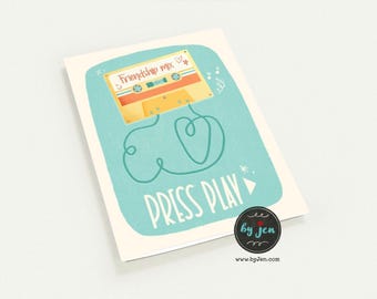 Retro Cassette Tape Note Card | Hand Illustrated "Press Play, Friendship Mix" Greeting Card