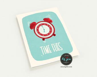 Vintage Alarm Clock "Time Flies" Note Card | Nostalgic Hand Illustrated Blank Greeting Card
