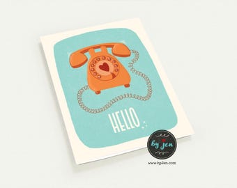 Retro Telephone "Hello" Note Card | Vintage Hand Illustrated Blank Greeting Card | Nostalgic rotary phone