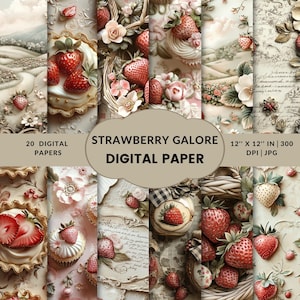 Carta per scrapbooking con fragole, carta digitale vintage primaverile, stampe di fragole senza soluzione di continuità, sfondo artigianale, download immediato