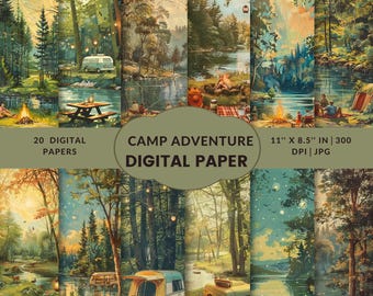 Retro Camping Digitales Papier | Outdoor Junk Journal Kit | Abenteuer Sammelalbum Printable | Natur Ephemera