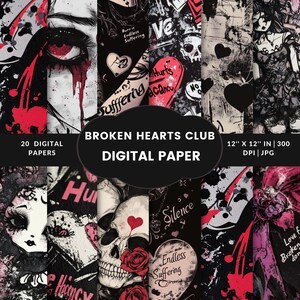 Papier numérique Saint-Valentin coeurs brisés imprimable art pour scrapbooking anti-valentine cadeau pour ses adolescentes rouge romantique téléchargement