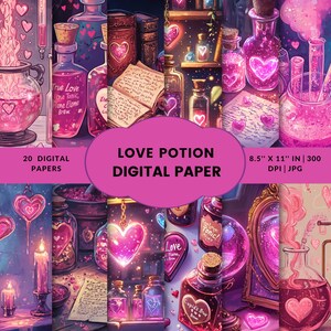 Papier numérique Saint-Valentin philtre d'amour coeurs roses fournitures de scrapbooking romantique livre de sorts artisanat téléchargement pastel imprimable saint valentin