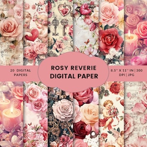 Rosige Träumerei Digitales Papier zum Ausdrucken, Romantische Blumenmuster, Rosen Inspirierte Hintergründe, Romantische Rosenmotive, Rosenmuster, Scrapbooking