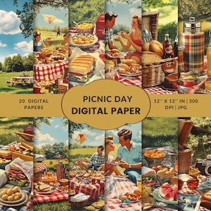 Papier piknikowy do scrapbookingu Letnie rzemiosło na świeżym powietrzu Cyfrowy koszyk vintage Sztuka Papier do druku na dzienniki śmieci i projekty dekoracyjne