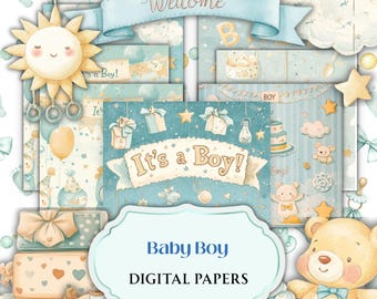 Baby Boy Digital Paper | Nursery Junk Journal Kit | Baby Shower Scrapbook Printable | Birth Announcement Ephemera