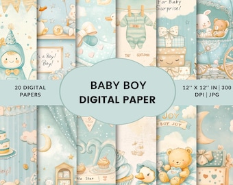 Digitaal papier babyjongen | Kit met rommeljournaal babyshower | Afdrukbaar plakboek kinderkamer | Efemere pasgeborenen