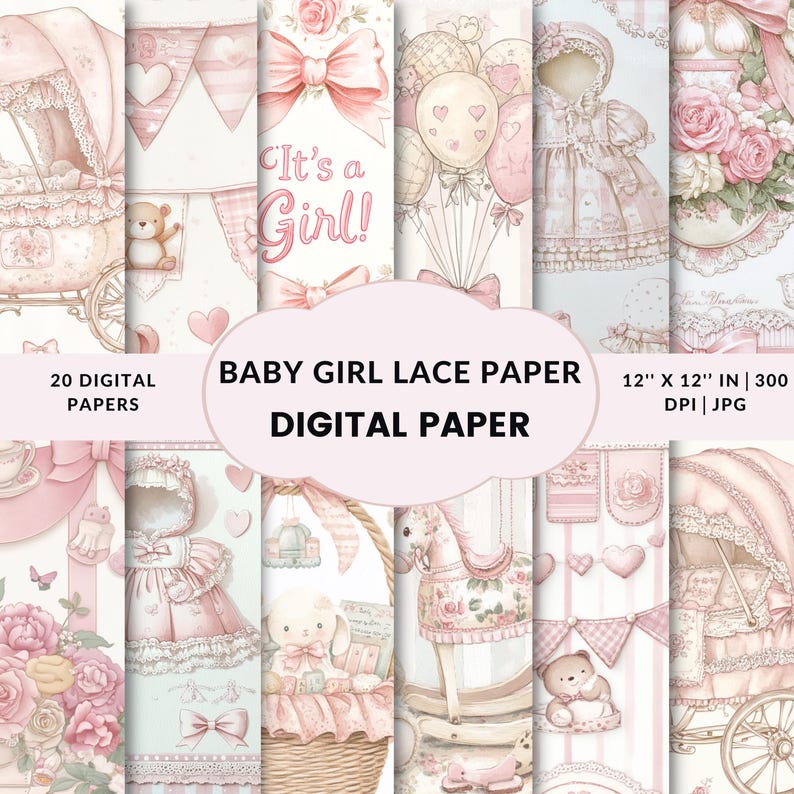 Baby Girl Digital Paper | Baby Shower Junk Journal Kit | Nursery ...