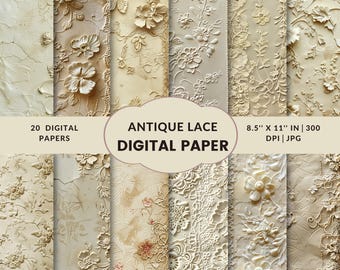 Digitaal papier met verweerd vintage kant | Antieke Victoriaanse rommeldagboekkit | Afdrukbaar oud plakboek