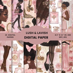 Carta per scrapbooking di lusso, sfondo digitale glamour rosa magico ragazza nera per artigianato, kit per scrapbooking, carta per decoupage senza soluzione di continuità, scaricabile
