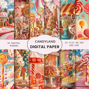 Pacote de papel para scrapbook Candyland, fundos digitais de fantasia para diários de lixo, download digital de doces, suprimentos para scrapbook Kawaii