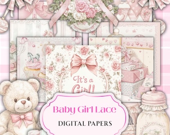 May include: A collection of digital papers featuring soft pink and white illustrations of teddy bears, cupcakes, gift boxes, floral wreaths, and bows. The central text reads Baby Girl Lace DIGITAL PAPERS 20 papers ~ 12x12~300DPI ~JPG.