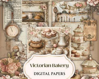 May include: A digital paper collection titled Victorian Bakery featuring twenty 12x12 inch JPG files. The imagery includes vintage clocks, floral arrangements, tiered cake stands, teapots, macarons, cupcakes, and handwritten script on parchment.