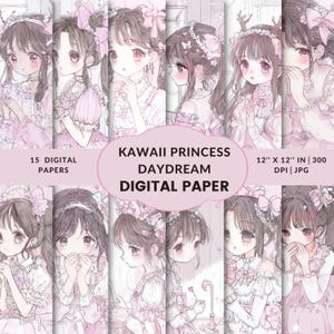 Kawaii Prinzessin Digitales Papier für Scrapbooking Girly Pink Anime Drucke süße Mädchen Journal Seiten Sofort-Download für Bastelprojekte