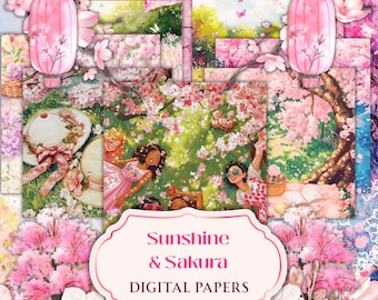 Papier numérique Sakura printanier | Kit de scrapbooking fleurs de cerisier | Modèles imprimables pour scrapbooking floral japonais | Téléchargement instantané