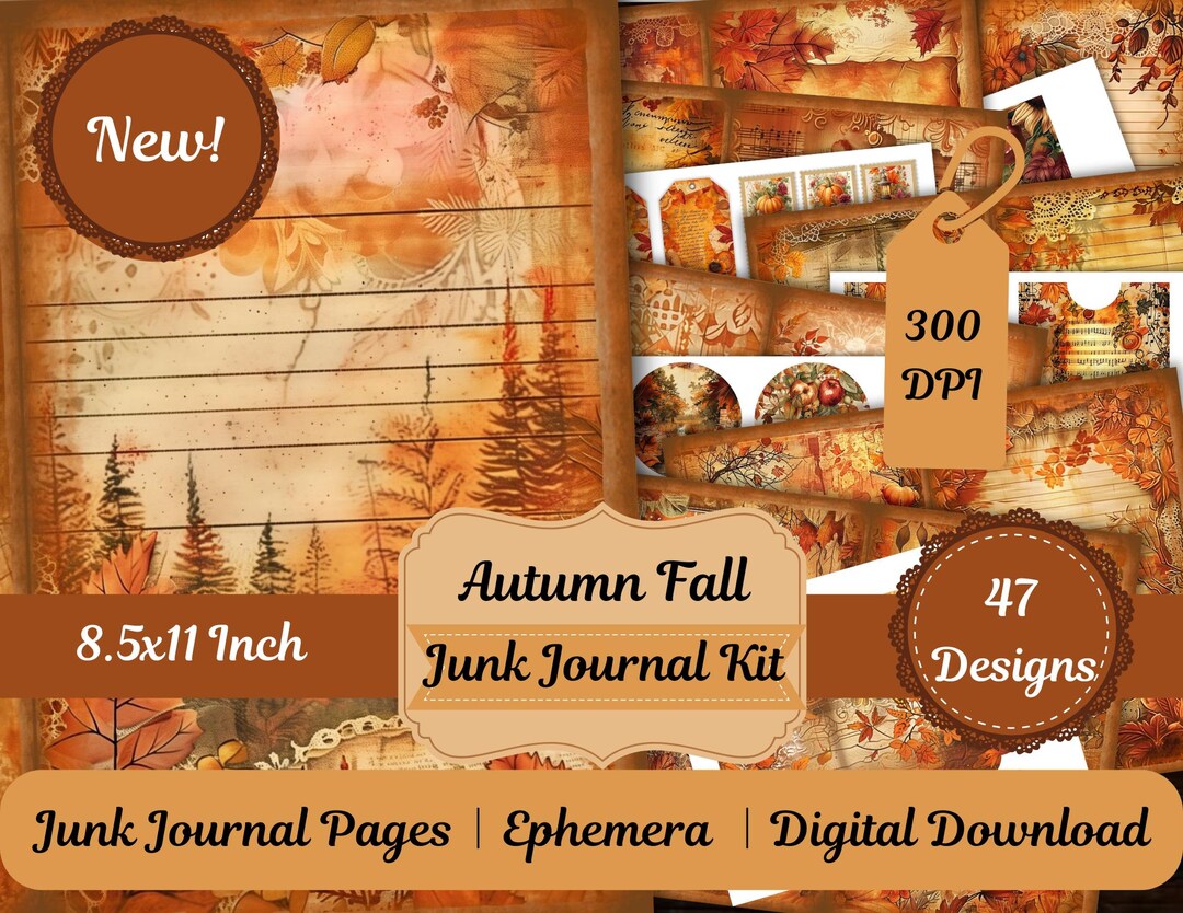 Autumn Junk Journal Kit | Vintage Fall Leaves Scrapbook Printable ...
