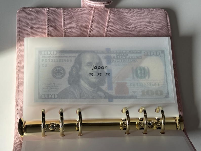 May include: A pink binder with gold rings holds a clear plastic sleeve containing a US $100 bill. The word "japan" is printed on the sleeve. The binder is open, revealing the rings and a portion of the interior.