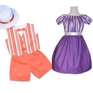 May include: Two-piece orange and white striped outfit with matching shorts, a bow tie, and a white hat with a red band. A purple and white striped dress with a white belt is also shown.