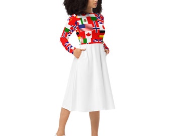 Flags of the countries - Sizes 2XS - 6 XL - All-over print long sleeve midi dress