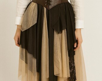 Black Asymmetrical Lace Skirt – Sheer Layered Mesh Midi Skirt, Handmade Gothic Boho Style for Women