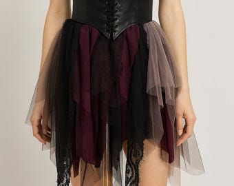 Handgemaakte zwarte kanten rok – asymmetrische mesh, Gothic Boho Fashion
