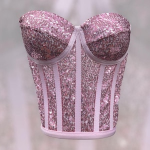 Pink Sequin Bustier | Bustier Top | Transparent Corset | Cupped Bustier | Strapless Corset | Overbust Corset | Mesh Bustier | Gift for Women