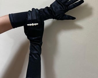 Black Satin Gloves - Women&#39;s Strech Satin Gloves - Shiny Satin Gloves - Black Gloves - Prom Wedding Formal Event Birthday Anniversary Gloves