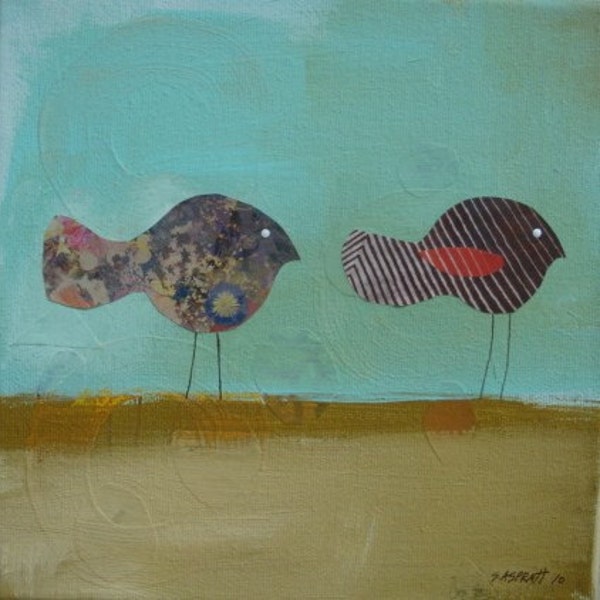 Two Birds, mixed media painting 8 x 8