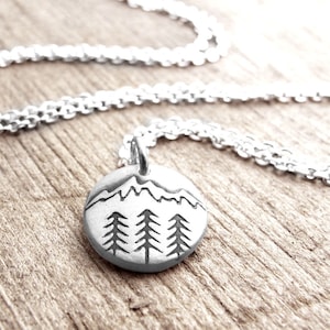 Tiny mountain necklace in silver, trees and mountain wilderness jewelry, gift for nature lover