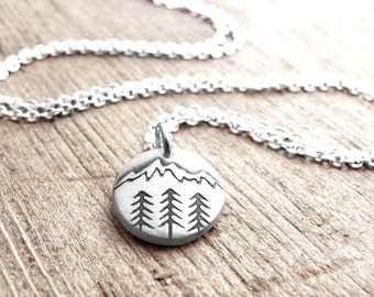 Tiny mountain necklace in silver, trees and mountain wilderness jewelry, gift for nature lover