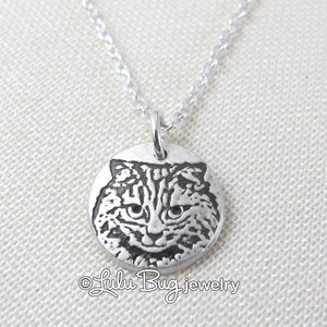 Tiny cat necklace in silver, fluffy cat memorial jewelry