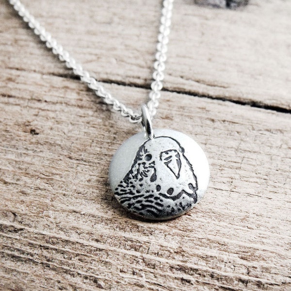 Tiny parakeet necklace, silver budgie memorial jewelry