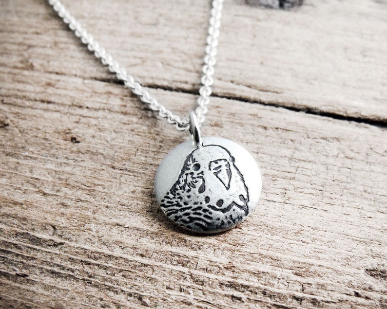 Tiny parakeet necklace, silver budgie memorial jewelry image 1