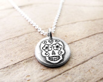 Tiny silver sugar skull necklace, Day of the Dead jewelry, Dia de los Muertos