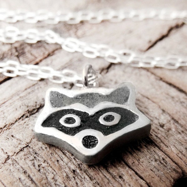 Raccoon necklace - silver and concrete raccoon pendant - animal jewelry