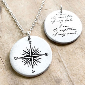 Compass Necklace in sterling silver with Invictus quote,  graduation or retirement gift for women and men,  I am the master of my fate