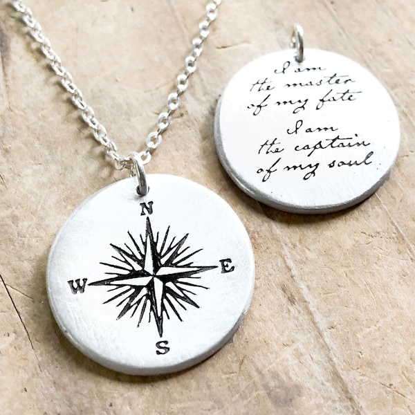 Compass Necklace in sterling silver with Invictus quote,  graduation or retirement gift for women and men,  I am the master of my fate