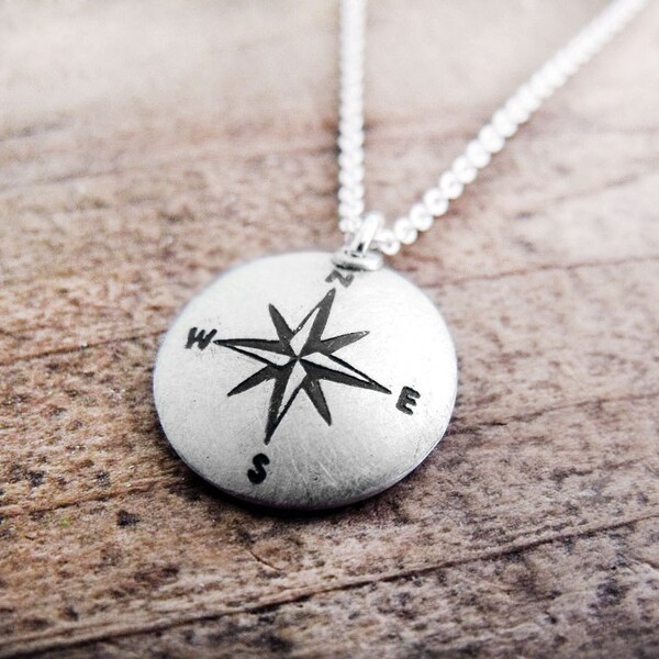 Collar de brújula, collar de rosas de brújula hecho a mano de plata, joyería de la brújula, collar de graduación