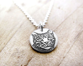 Tiny Tabby Cat necklace in silver, cat memorial jewelry