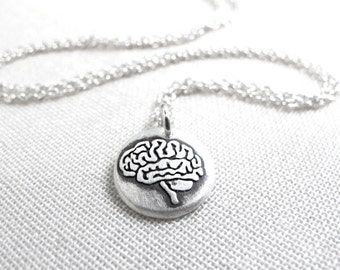 Tiny brain necklace in silver, realistic human brain jewelry