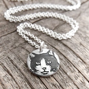 Tiny cat necklace in silver, pet remembrance jewelry, black and white tuxedo cat