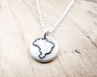 Tiny map of Brazil necklace, silver map jewelry Brazil pendant